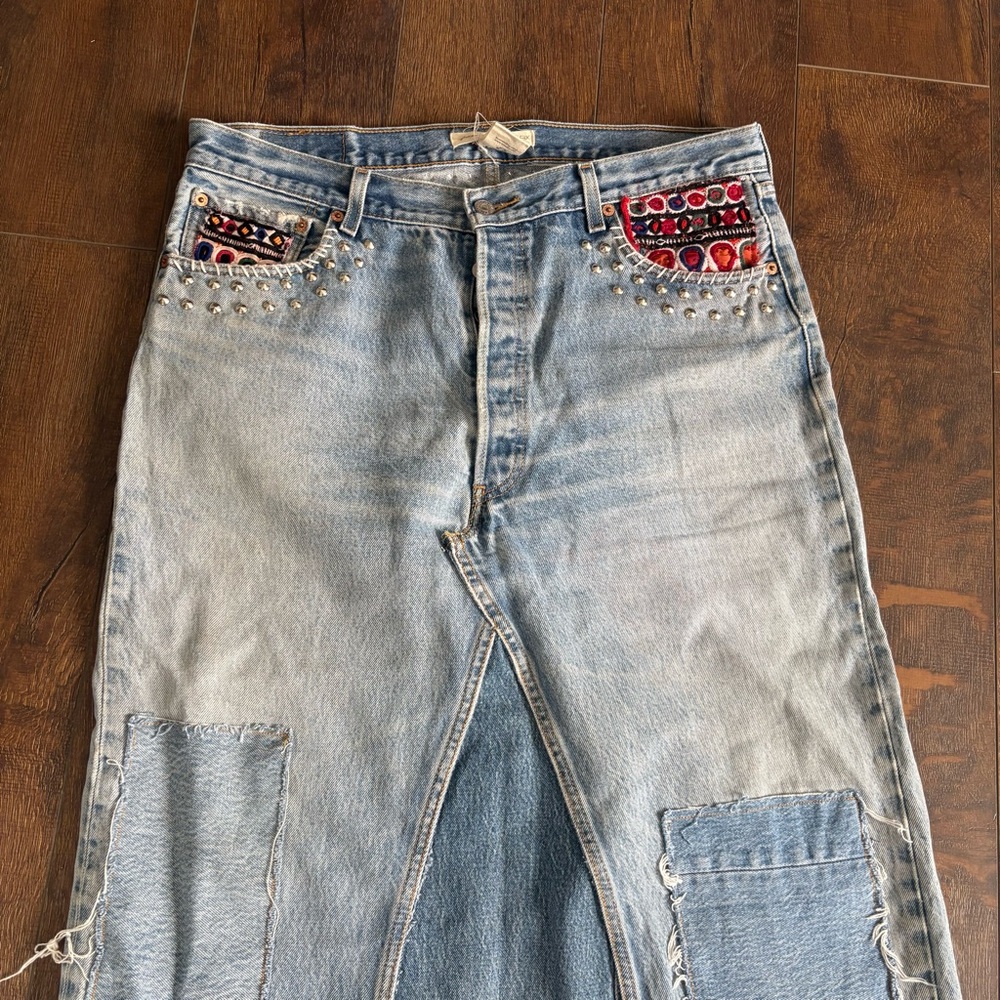 ❤️VERY RARE Tricia Fix free people Blue Patchwork Denim Maxi Skirt with Studs - Picture 5 of 16